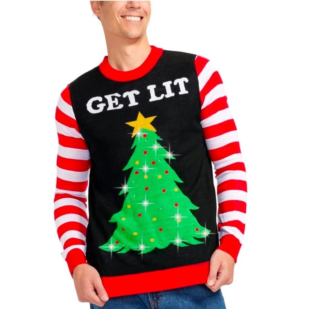 Sz Med TIPSY ELVES Black Red Get Lit Long Slv Crewneck Light Up Ugly Sweater